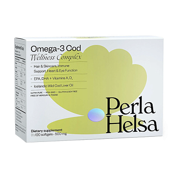 foto диетическая добавка в капсулах perla helsa omega-3 cod wellness complex омега-3 из трески, с витаминами а, d3, 500 мг, 120 шт