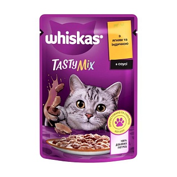 foto влажный корм для взрослых кошек whiskas tasty mix с ягненком и индейкой в соусе, 85 г