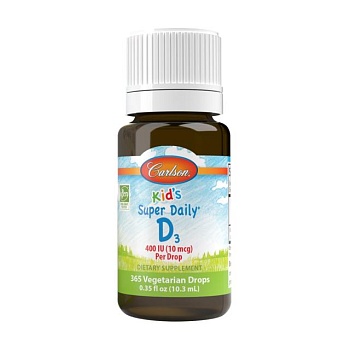 foto диетическая добавка детские витамины в каплях carlson labs kid's super daily d3 витамин d3, 400 ме, 10.3 мл