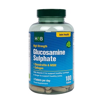 foto диетическая добавка в таблетках holland & barrett max strength glucosamine sulphate глюкозамин сульфат + хондроитин и мсм + коллаген, 180 шт
