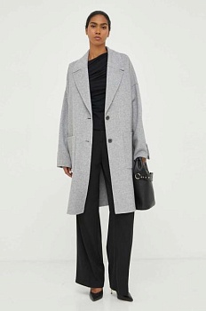 foto вовняне пальто boss колір сірий перехідне oversize