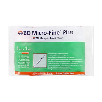 foto шприц ін'єкційний інсуліновий bd micro-fine plus u-100, розмір 30g, 0.3*8 мм, 1 мл (10 шт)