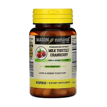 foto дієтична добавка в капсулах mason natural milk thistle/cranberry очищувальний комплекс для печінки та нирок, 60 шт