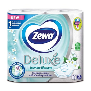 foto туалетная бумага zewa deluxe jasmine blossom белая, 3-слойная, 150 отрывов, 4 рулона