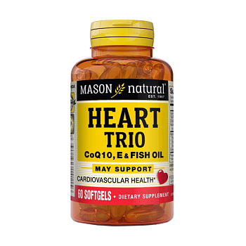 foto харчова добавка в капсулах mason natural heart trio coq10, vitamin e & fish oil здоров'я серця та судин, 60 шт