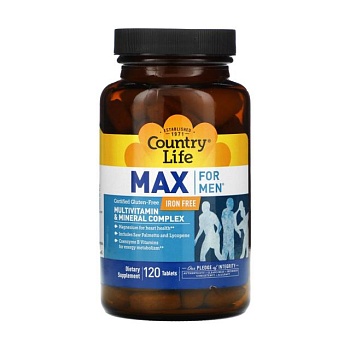 foto дієтична добавка вітамінно-мінеральний комплекс в таблетках country life max for men для чоловіків без заліза, 120 шт