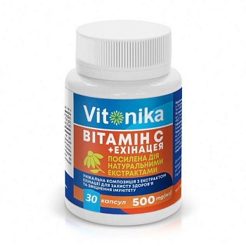foto харчова добавка в капсулах vitonika вітамін с + ехінацея 500 мг, 30 шт