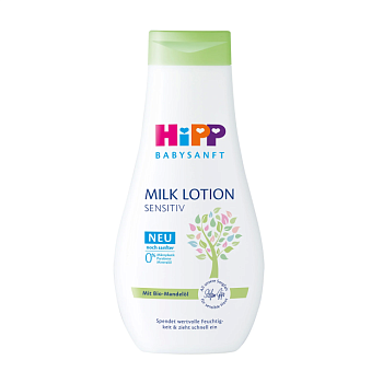 foto детское нежное молочко для тела hipp babysanft sensitive увлажняющее, с органическим миндальным маслом, 350 мл