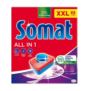 foto таблетки для мытья посуды в посудомоечной машины somat all in 1, 65 шт
