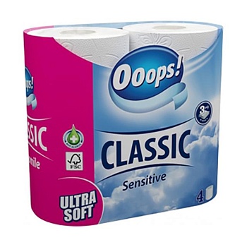 foto туалетная бумага ooops! classic sensitive белая, 3-слойная, 4 рулона