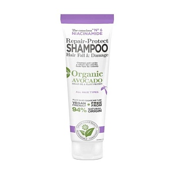 foto відновлювальний шампунь the conscious niacinamide repair-protect shampoo organic avocado для пошкодженного волосся, 225 мл