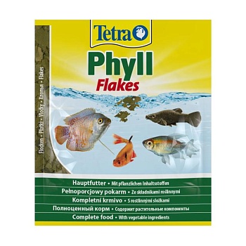 foto корм для травоядных аквариумных рыб tetra phyll flakes в хлопьях, 12 г