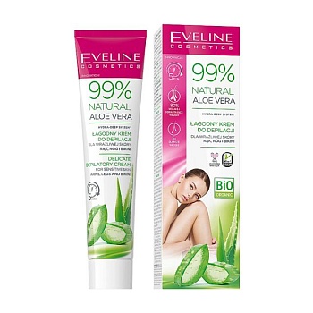 foto крем для депіляції eveline cosmetics 99% natural aloe vera для чутливої шкіри рук, ніг та бікіні, 125 мл
